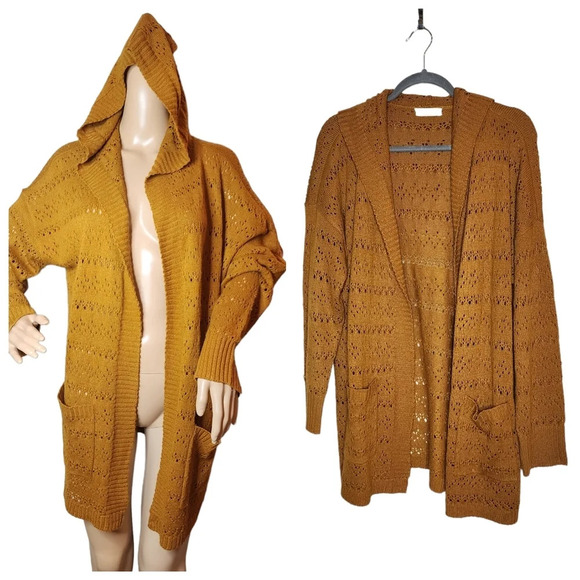 Full Circle Trends Mustard Brown open knit hooded cardigan. Pockets. Size 2X. - Picture 1 of 15
